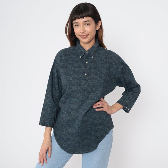 90s Polo Shirt Ditsy Geometric Print Blue Quarter Button Up Collared Shirt 3/4 Sleeve 1990s Retro Vintage Preppy Men's Large L
