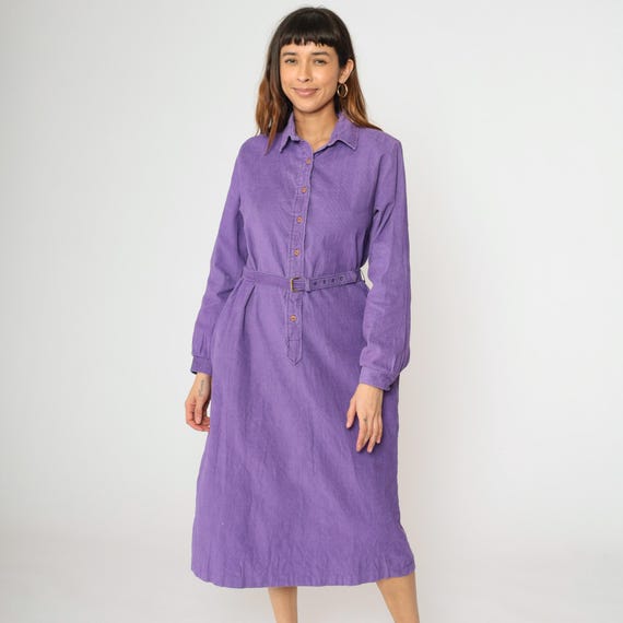 Vintage Purple Corduroy Dress 90s Midi Button Up Dress High Waisted Long Sleeve Pocket Retro Basic Plain Modest 1990s Medium M