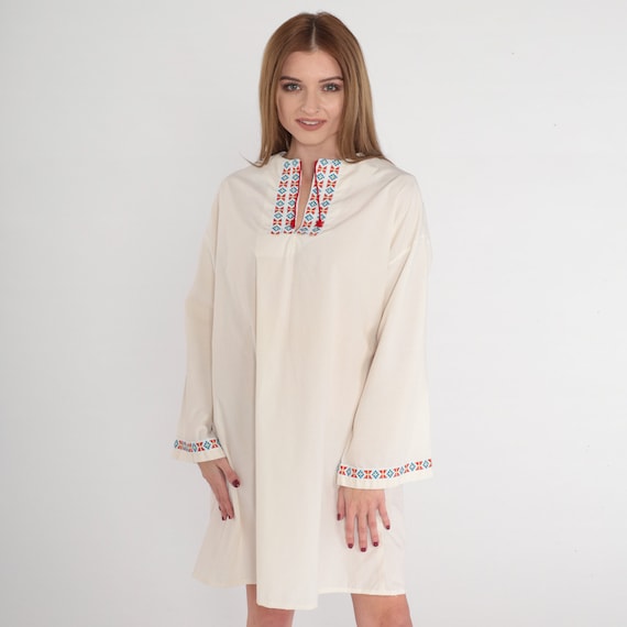 70s Hippie Dress Boho Mini Dress Off White Embroi… - image 3