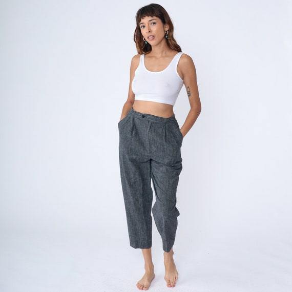 Grey Striped Pants 80s High Rise Trousers Straight Leg Pinstripe Print Cotton Linen Ramie Retro Preppy Casual Slacks Vintage 1980s Medium 29