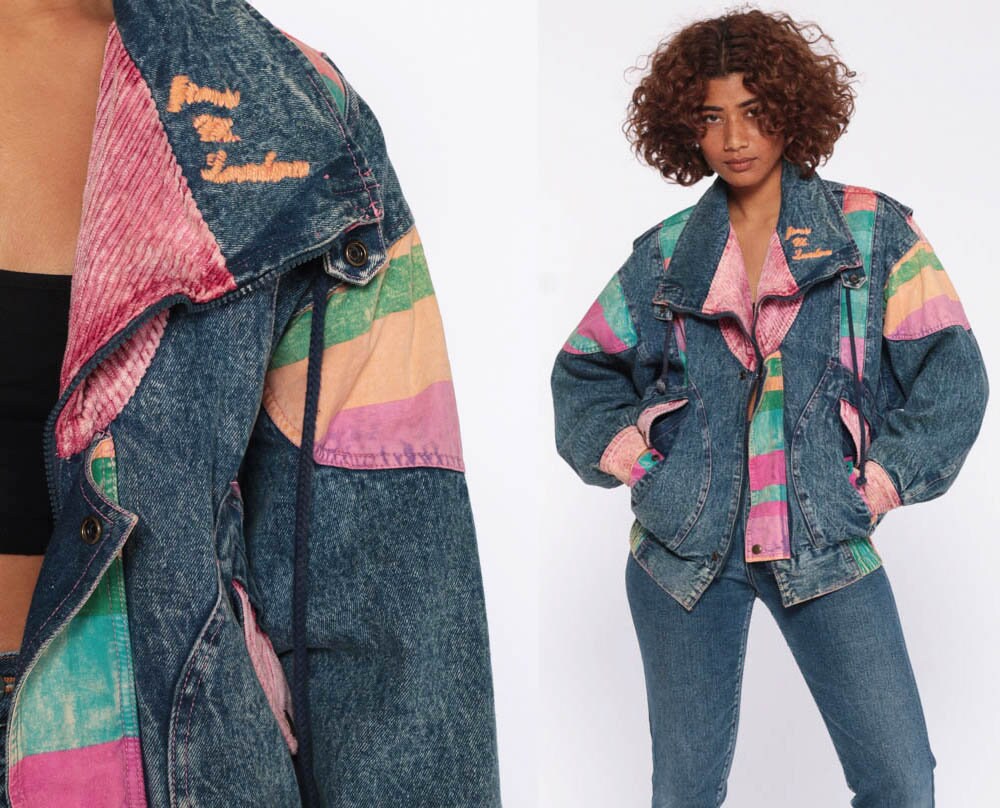 90s Denim Jacket Patchwork Jean Jacket Acid Wash Zip Up