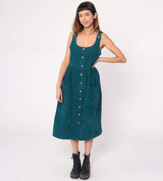 Teal Corduroy Jumper Dress 90s Button Front Sleeveless Tank Green Vintage Jumper Pinafore Summer Cotton Soft Grunge Alt Jewel Tones Medium M