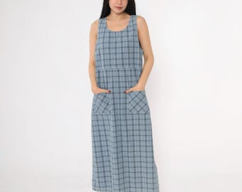 Abito lungo a quadri blu vintage anni '90, scollo a barchetta, vita alta, senza maniche, stile grunge anni '90, tasca Erika & Co. Taglia M