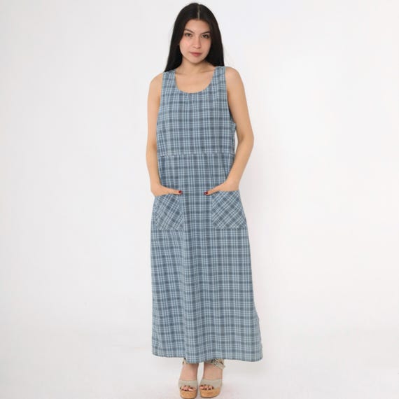 Vintage Blue Plaid Jumper Dress 90s Checkered Maxi Pinafore Scoop Neck Dress High Waist 1990s Grunge Sleeveless Pocket Erika & Co Medium M