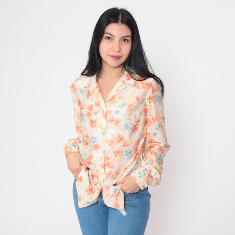 Floral Blouse 70s Boho Disco Shirt Button Up Top Collared Bohemian Long Sleeve Retro Off-White Orange Orchid Flower Vintage 1970s Medium M image 4