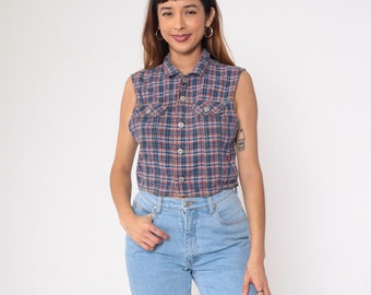 Plaid Tank Top 90s Sleeveless Button Up Crop Top Blue Orange Checkered Blouse Retro Chest Pocket Collared Shirt Cotton Vintage 1990s Medium