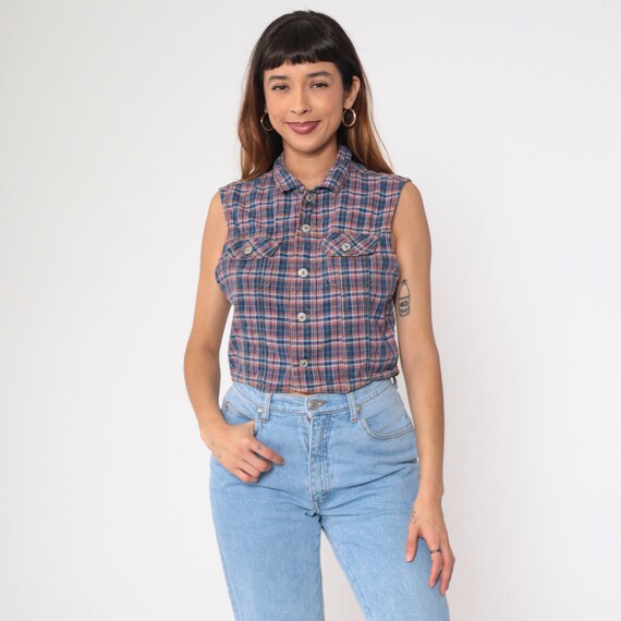 Plaid Tank Top 90s Sleeveless Button Up Crop Top Blue Orange Checkered Blouse Retro Chest Pocket Collared Shirt Cotton Vintage 1990s Medium