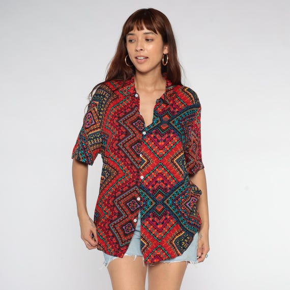 Psychedelic Button Up Y2K Geometric Shirt Multicolor Tribal Diamond Pattern Rayon Abstract Kaleidoscope Maximalist Summer Vintage Large L