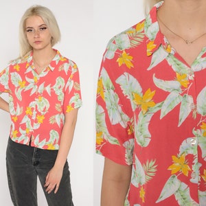 90s Hawaiian Shirt Faded Red Tropical Floral Blouse Button Up Surfer Vacation Short Sleeve Leaf Print Retro Tourist Top Vintage 1990s Small