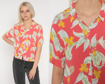 Camisa havaiana dos anos 90, blusa floral tropical vermelha desbotada, com botões, estilo surfista, férias, manga curta, estampa de folhas, retrô, top turístico, vintage, anos 90, pequena