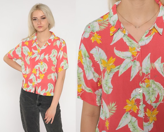 90s Hawaiian Shirt Faded Red Tropical Floral Blouse Button Up Surfer Vacation Short Sleeve Leaf Print Retro Tourist Top Vintage 1990s Small