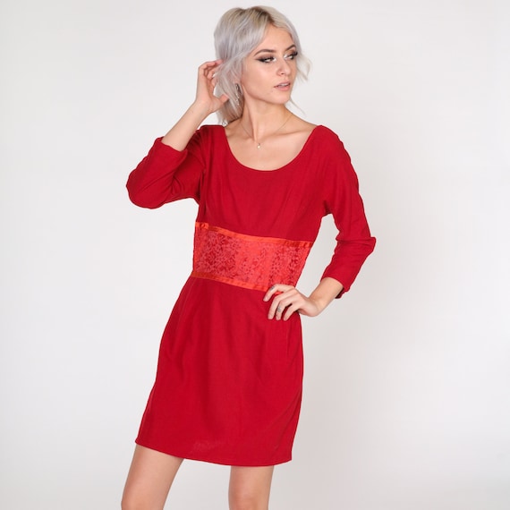 Red Party Dress 60s Mod Mini Dress Wool Floral Lace Long Sleeve Empire Waist Holiday Cocktail Sixties Sheath Minidress Vintage 1960s Small