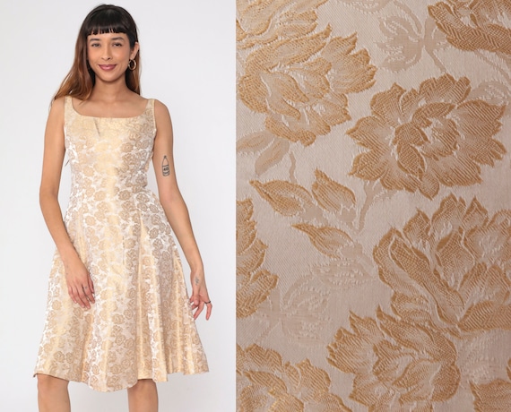 60s Brocade Dress Formal Metallic Floral Party Dress 1960s Champagne Midi Dress Cocktail Formal Fit and Flare Vintage Sleeveless Small