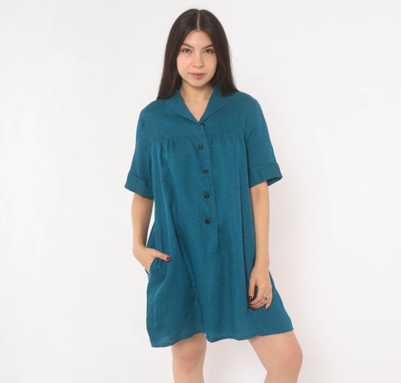 60s Teal Shirt Mod Dress Button Front Collared Short Sleeve A Line Cotton Blue Rolled Cuff Go Go Shift Loungewear Vintage Medium M