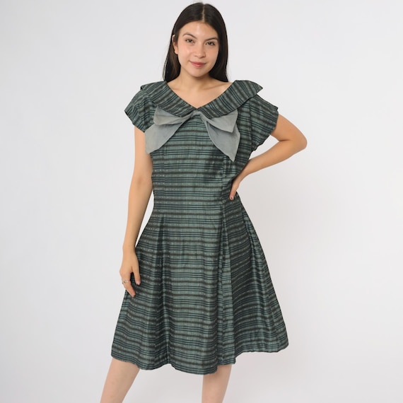 60s Bow Dress Gray Striped Midi A Line Short Sleeve Vintage Party Cocktail V Neck Ruffle Cap Sleeve  Mad Men Style Mod Flare Large L
