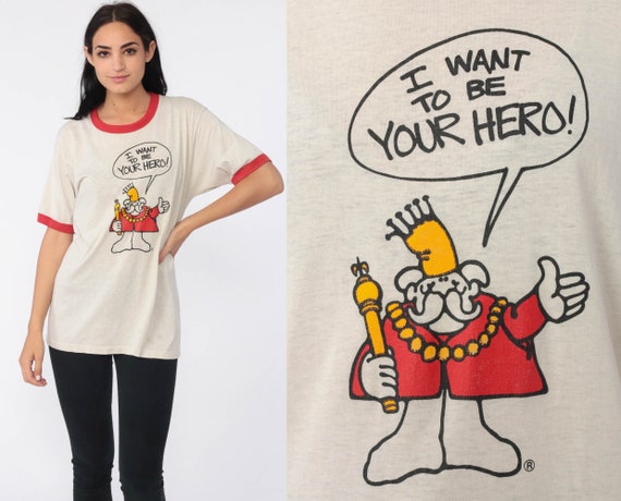 Hero King Shirt I Want To BE YOUR HERO Ringer Tee Graphic TShirt 80s T Shirt Joke Quirky Novelty Retro Burnout Paper Thin Tee Medium Large
