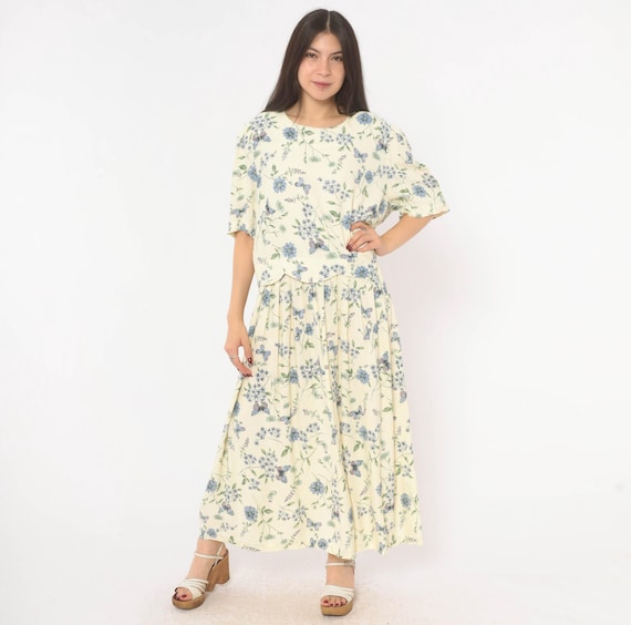 90s Butterfly Floral Maxi Dress Cream Blue Lavender Garden Peplum Bodice Short Sleeve Pleated Skirt Summer Prairie Vintage Extra Large XL