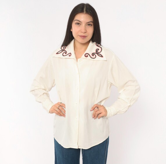 Bellows Brut Le Garage Embroidered Collar Shirt CreamBlouse Black Red Scroll Rickrack Western Yoke Top Ivory Long Sleeve Vintage Medium M