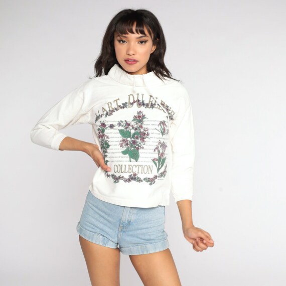 French Floral Shirt 90s L'Art Du Fleur Shirt Drawstring Neck Graphic Tshirt Long Sleeve TShirt Flower Print 1990s Vintage Extra Small xs