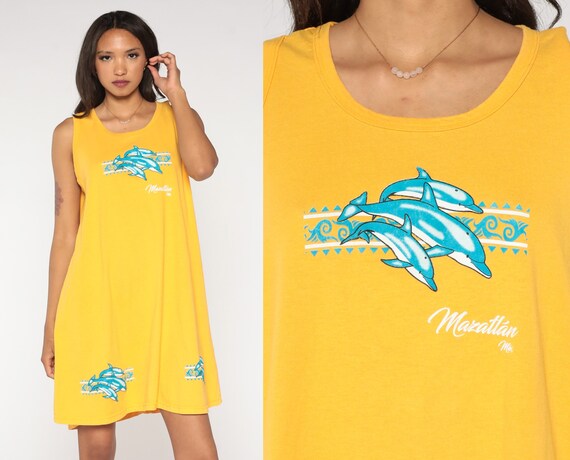 Dolphin Tank Dress 90s Mazatlan Beach Tshirt Dress Mexico Tropical Mini Dress Coverup 1990s Vintage Shift Sleeveless Yellow Medium Large