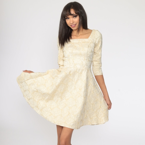 Gold Brocade Dress 1960s Party Mini Metallic Cocktail Dress Going Out Dress 60s Fit and Flare Dress Vintage Formal Prom Extra Small xs