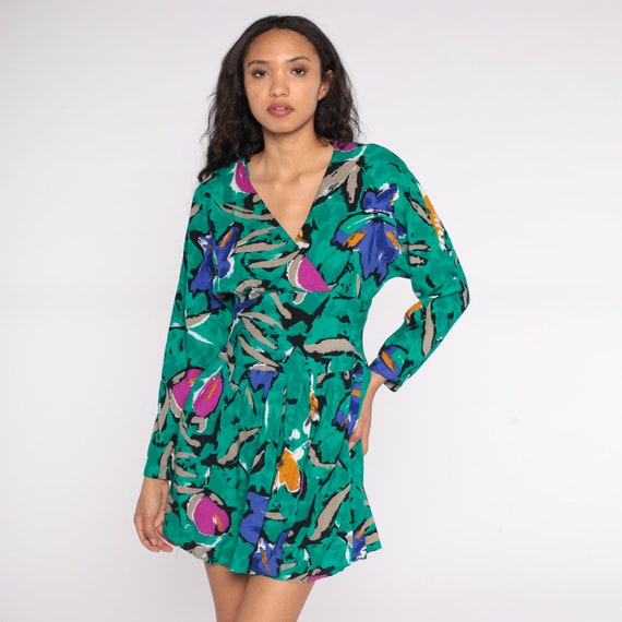 Floral Wrap Dress Tropical Mini Dress V Neck 80s Dress Vintage Button Back High Waisted 1980s Green Pink Purple Long Sleeve Medium