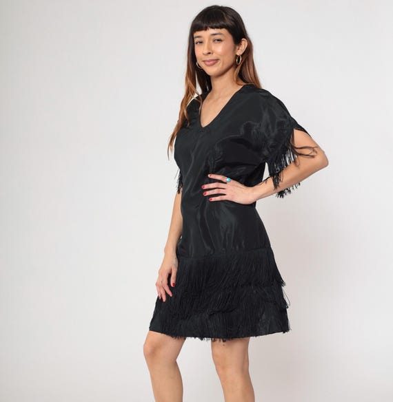 Black Fringe Party Dress Mini Shift Tassel Sleeve V Neck Mod Cocktail Evening Disco Dance Night Out Sleek Vintage 70s Medium M