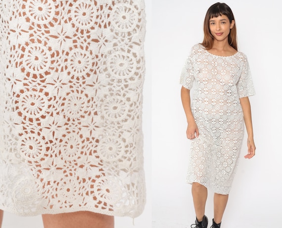 Sheer White Crochet Dress 80s Boho Hippie Cotton Cutwork Midi Cut Out 1980s Beach Cover Up Short Sleeve Bohemian Chic Tunic Shift Medium