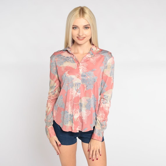 70s Floral Shirt Pink Button Up Blouse Dagger Collar Architecture Columns Flower Print Disco Shirt Seventies Vintage 1970s Nylon Small S