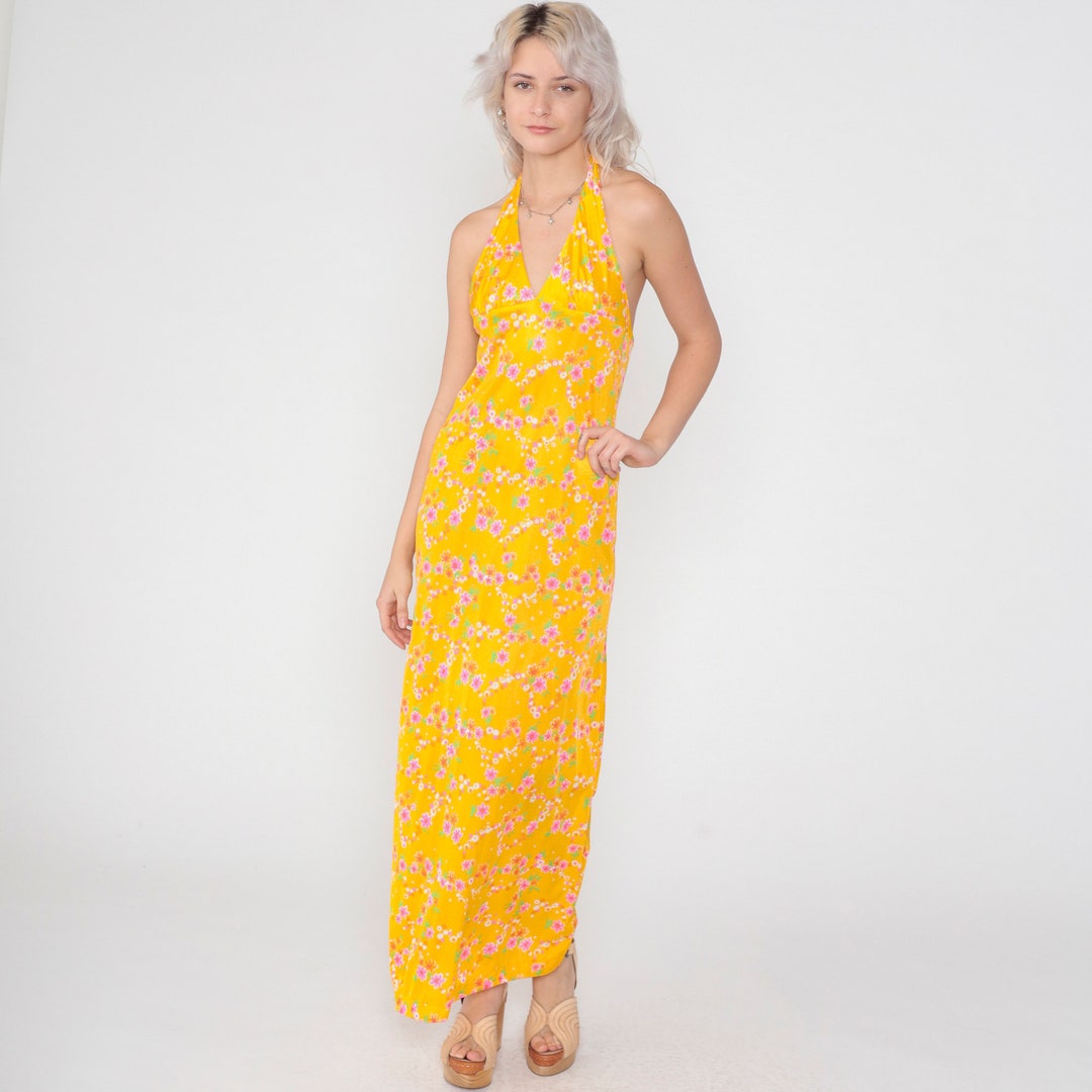 70’s Metallic Gold Sunflower Maxi Dress by Avalon