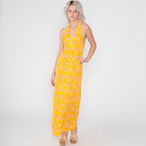 Floral Maxi Dress 70s Halter Neck Sundress Yellow Flower Print Sun Day Summer High Waist Hippie Backless Boho Vintage 1970s Extra Small xs