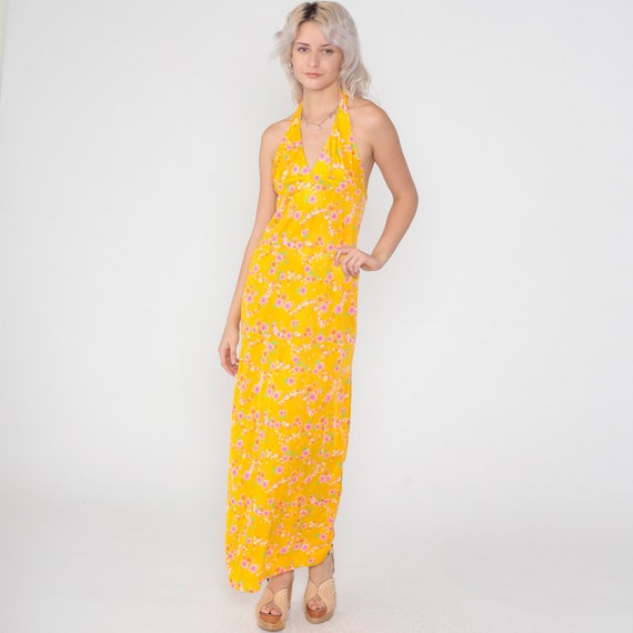 Floral Maxi Dress 70s Halter Neck Sundress Yellow Flower Print Sun Day Summer High Waist Hippie Backless Boho Vintage 1970s Extra Small xs