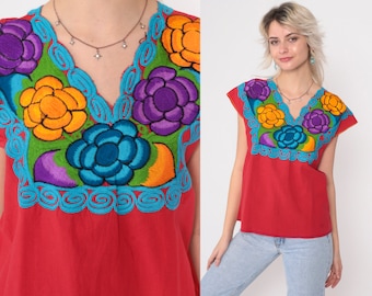 Mexican Embroidered Top 90s Red Floral Blouse Turquoise Peasant Hippie Short Sleeve Shirt Summer Boho Festival Vintage 1990s Small S