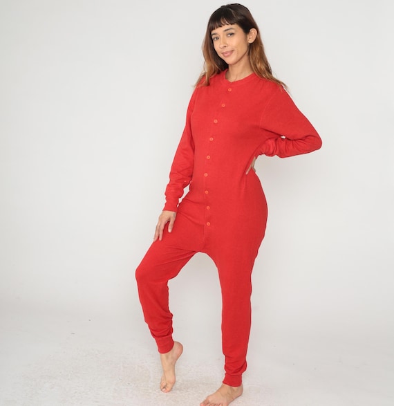 80s L.L. Bean Red Thermal Bodysuit Underwear Long Johns Cotton Wool Vintage Crew Neck Base Layer Full Body Knit Ribbed Cuffs Medium M