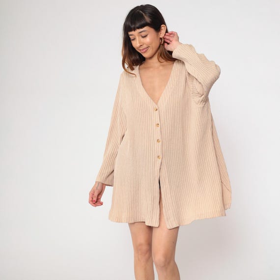 Y2K Cardigan Sweater Cream Ribbed Knit Kathryn Deene Button Front V Neck Long Sleeve Oversized Minimalist  Fall Winter Medium M