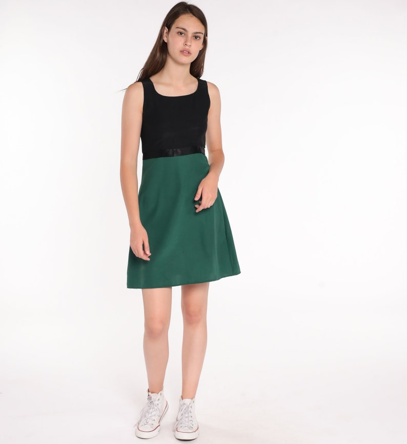 Y2K mini-jurk mouw zwart groen kleurblok jurk feest 00s hoge taille cocktail vintage mini-jurk klein S afbeelding 3