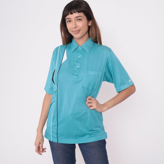 Golf Polo Shirt 90s Blue Geometric Print Black White Piping Stripes Button Up Collared Short Sleeve 1990s Retro Vintage Preppy Men's Medium