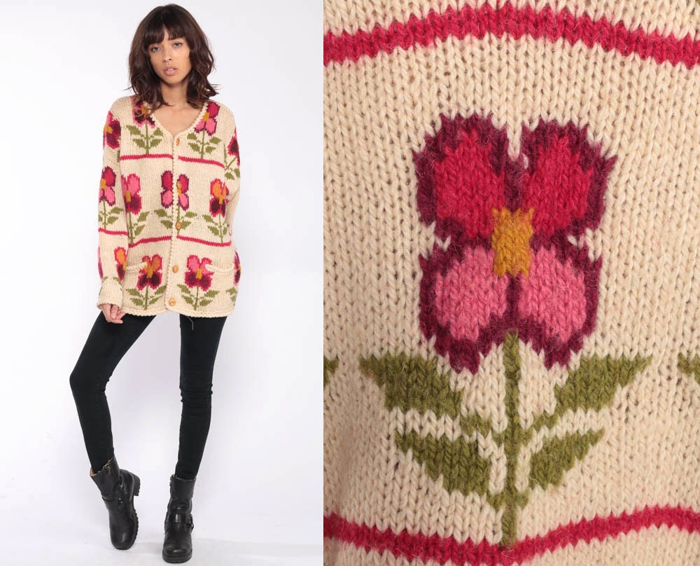 Wool Cardigan Sweater 90s Floral 