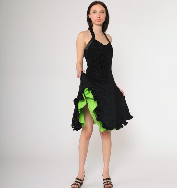 Vintage 90s Black Glitter Halter Dress Lime Green Lining Flared Party Sparkly Y2K Evening Midi Cocktail Prom Going Out 1990s Retro Small S