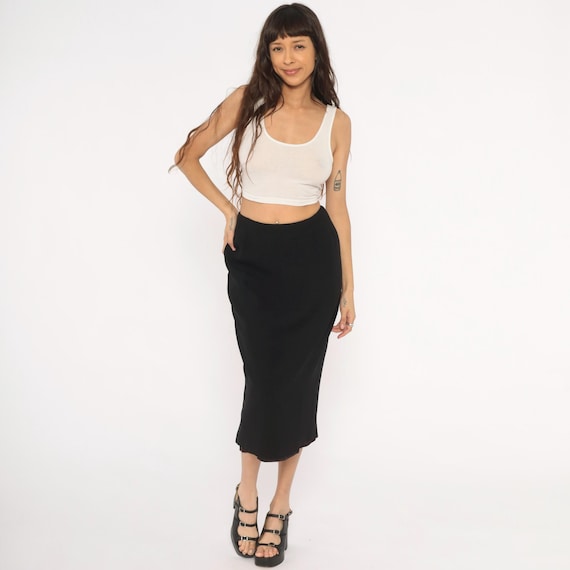 90s Black Pencil Skirt Midi Length Back Zip Fitted High Waist Straight Column Onyx Jet Minimalist Office Professional Slim Vintage Small S