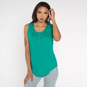 Green Tank Top 90s Henley Tank Plain Retro Button Up Sleeveless Shirt Simple Basic Tee Casual Streetwear T-Shirt Vintage 1990s Medium M