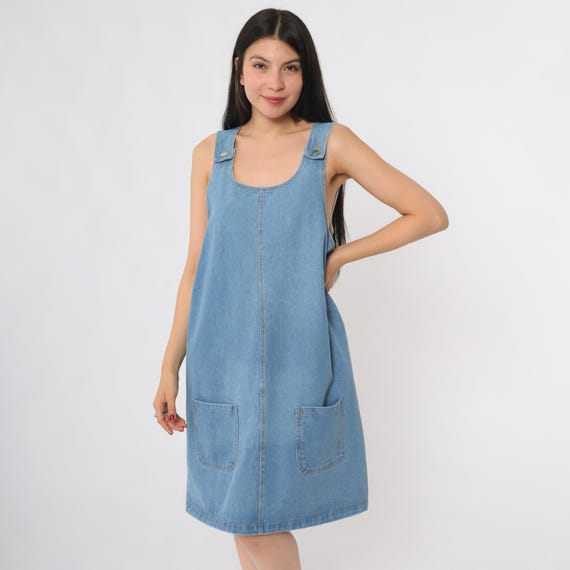 Denim Jumper Dress 90s Light Blue Jean Overalls Pockets A-Line Grunge Casual Minimalist Day Dress Vintage Soft Style Medium Large M L