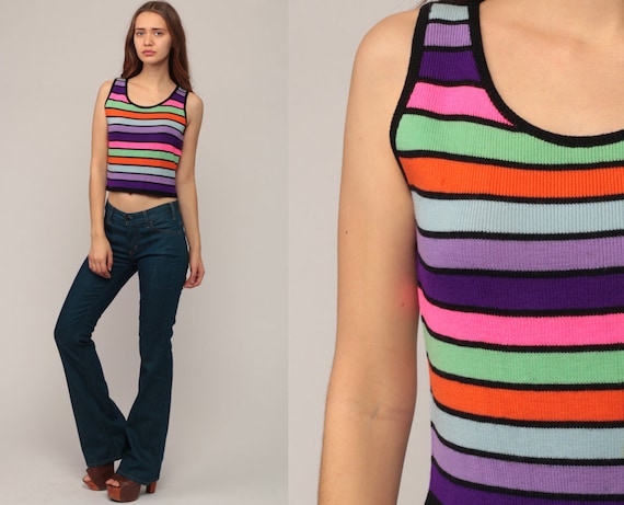 Striped Shirt Knit Tank Top WOOL Top 70s Sleeveless Sweater Retro Shirt Bright Purple Shirt Hot Pink Vintage Preppy medium Large