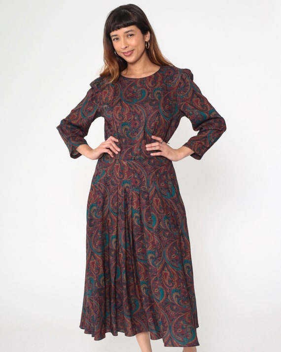 80s Paisley Dress Puff Sleeve Dress Drop Waist Pleated Midi Dress 1980s Secretary Long Sleeve Vintage 90s Multicolored Pocket Dress Medium
