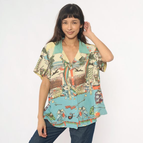 Y2K Japanese Print Shirt Short Sleeve Yellow Turquoise Novelty Blouse Asian Illustration Scenic Top Aqua Maximalist Vintage Extra Large XL