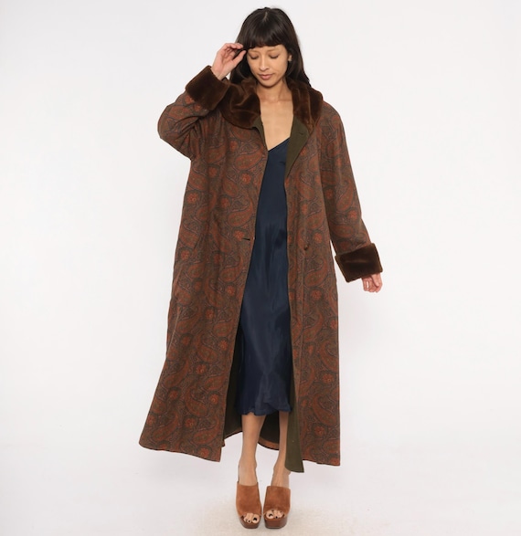Paisley Bill Blass Coat 80s Edwardian Faux Fur Trim Collar Cuff Maxi Duster Wool Cotton Brown Olive Floral Vintage Winter Designer Medium M