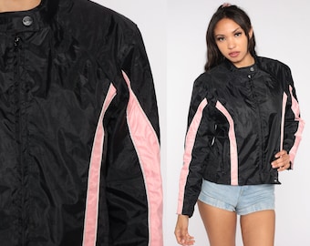 Y2k Moto Jacke Schwarz Rosa Gestreifte Bikerjacke Sleek Retro Rocker Mantel Motorradjacke Cafe Racer Streetwear Bomber Vintage 00s