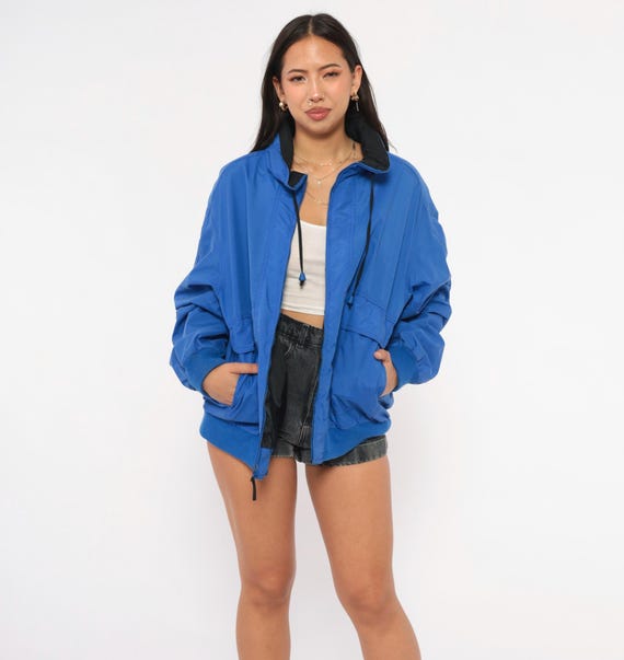 Cobalt Windbreaker Jacket 90s Blue Zip Front High Neck Drawstring Collar Black Lined Nylon Relaxed Fit Royal Bomber Coat Vintage Large L