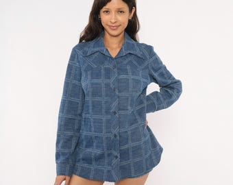 Camisa de cuadros de los años 70, azul, manga larga, cuello puntiagudo, estilo franela Sears, chaqueta tipo shacket azul marino, blusa vintage, talla L