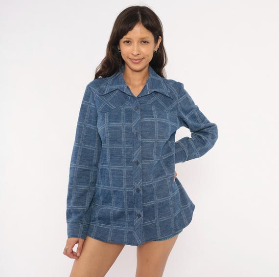 70s Windowpane Shirt Blue Plaid Long Sleeve Pointed Collar Sears Flannel Style Top Navy Grid Check Shacket Jacket Vintage Blouse Large L
